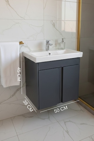 Magma 50 Cm, Lavabolu Alt Banyo Dolabı, Kapaklı Banyo Alt Dolabı, Seramik Lavabo Dahil Antrasit Mdf Antrasit