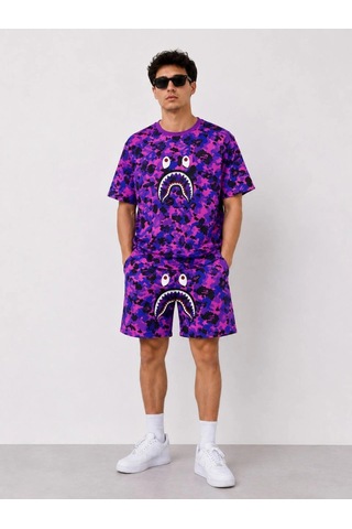 Erkek Oversize Kalıp Pubg Bape X Shark Nakışlı Cepli Şort Takım - Mor Çok Renkli
