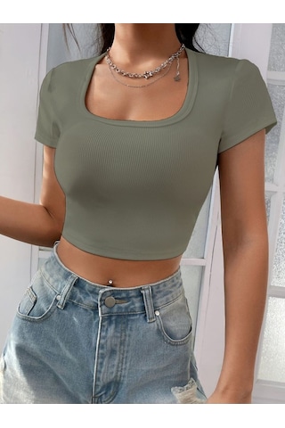 Rooted-kadın Kare & Havuz Yaka Crop T-shirt ,likralı Fitilli Kaşkorse Kumaş Mint