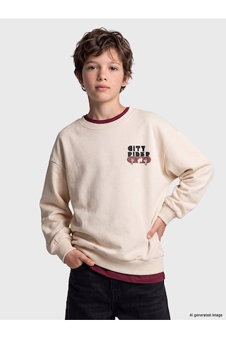 LC Waikiki Lcw Kids Bej Baskılı Erkek Çocuk Kalın Sweatshirt Lıght Beıge
