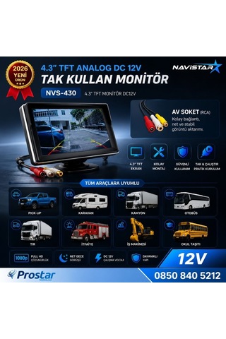 4.3 İnç Tft Analog Araç Monitörü Tak Kullan Rca, Dc 12v Geri Görüş Ekranı