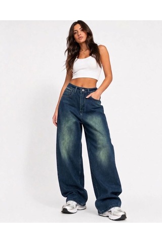 St.poll Eskitme Vintage Yeşil Yıkama Unisex Baggy Jeans Pantolon Yeşil Yıkamalı