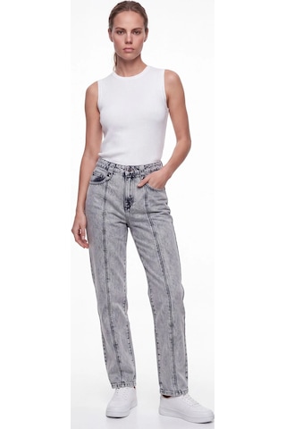 CEMO Kadın Yüksek Bel Straight Fit Ön Dikiş Detaylı Jean Pantolon Gri