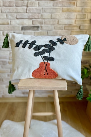 Swita Home Punch İşlemeli Tekli Dekoratif Özel Tasarım Kırlent Kılıfı Panç Turuncu - Bej