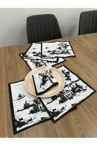 Toile De Jouy Monet Amerikan Servis 6 Lı Set 30x30 Cm %100 Pamuk Dijital Baskılı Country Tarzı Fransız Masa Dekoru - Zt730 Siyah