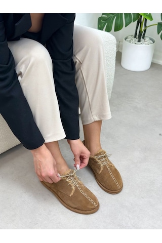 Erva'nın Butiği Camel Hakiki Deri Sorry İçi Peluş Bağcıklı Kadın Ayakkabı-6392