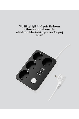 Mey İthalat 4.1a Hızlı Şarjlı Akım Korumalı 4 Priz Ve 3 Usb Çıkışlı Priz