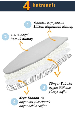 4 Katmanlı Ütü Masası Kılıfı,Ütü Masası Örtüsü,Bezi 50x150 cm Gri