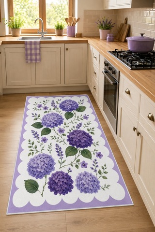 Floral Mor Ortanca Desen Baskılı Kaymaz Yıkanabilir Salon Oturma Odası Mutfak Balkon Halısı Yolluk