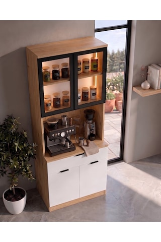 Dream Premium Minimal Kahve İstasyonu - Safir Meşe Temperli Camlı Led Modül
