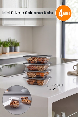 4'lü Mini Prizma Saklama Kabı Erzak Kabı Dolapiçi Organizer 4x300 Ml Çok Renkli