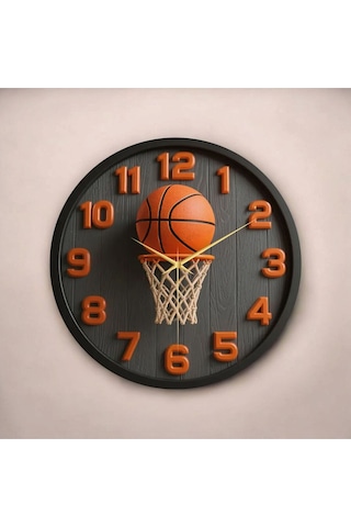 AA Shop Basketbol Top Pota Renkli Baskı Desenli Sayılı Hediyelik Ahşap Sessiz Tablo Duvar Saati 59 Renkli