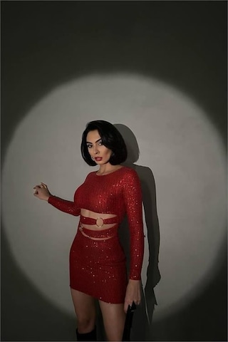 Dip Moda Kadın Halka Detyalı Mini Pul Payet Elbise Dpnbdf106 Kırmızı