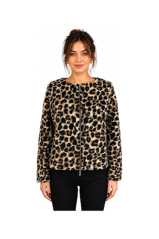 Neden Tekstil Kadın Leopar Desenli Fermuarlı Ceket - Kahverengi