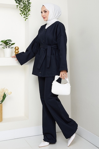Bestenur Kemerli Ceket Pantolon Gabardin Takım 1557 - Lacivert Lacivert