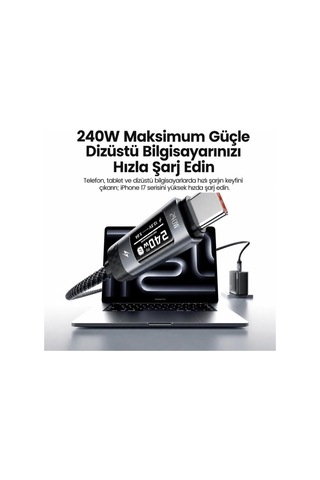 Toocki 240W PD 3.1 OLED Ekranlı Type-C to Type-C Hızlı Şarj Kablosu E-Marker Çipli - 2 Metre