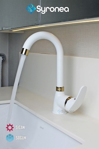 Mat Beyaz Kısa Nano Teknoloji Banyo Lavabo Bataryası Altın Desenli Musluk Beyaz