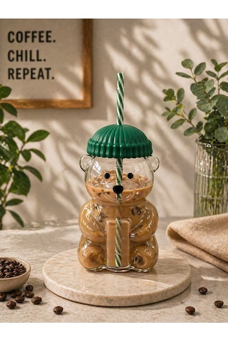 Cam Ayıcık Pipetli Soğuk İçecek Kahve Bardağı Bear Bardak 550 Ml Yeşil