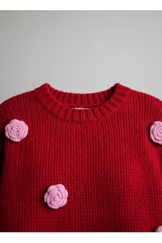 Qoolest Kadın Yünlü Saks Mavi Bisiklet Yaka 3d Papatya Kabartmalı Yumoş Dokulu Oversize Trend Triko Kazak Kırmızı