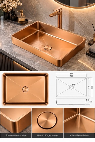 Alfas Aura Dikdörtgen 51x36cm Pvd Rose Gold Tezgah Üstü Tezgah Altı Banyo Mutfak Lavabo 304 Çelik