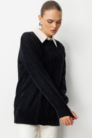 Mizalle Yuvarlak Yaka Oversize Yumuşak Dokulu Siyah Triko Kazak Siyah
