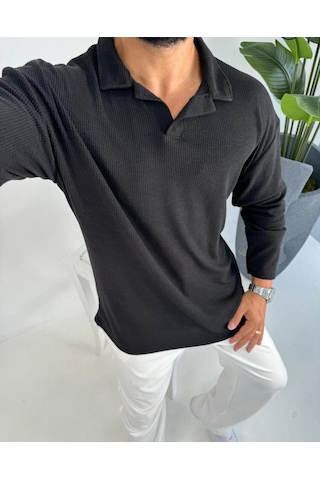 La-boum Polo Yaka Bürümcük Uzun Kol Sweatshirt Siyah