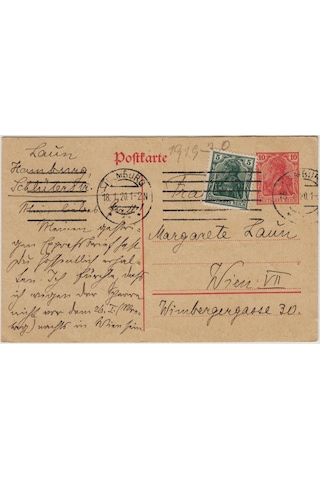 Almanya Hamburg'tan Viyana'ya Postadan Geçmiş Kartpostal 18 Ocak 1920.