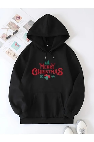 Buğrahayalin Yılbaşı Merry Christmas Baskılı Oversize Kapüşonlu Sweatshirt Hoodie - Siyah