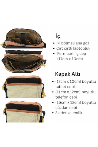 Cappadocia Vintage Omuz Postacı Siyah Bej 14 İnç Laptop Çantası Siyah - Altın