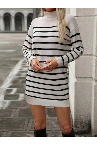 Kadın Uzun Kollu Yarım Balıkçı Yaka Çizgilitriko Mini Boy Elbise Kemersiz Beyaz