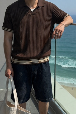 Tarz Cool Oversize Fit Çizgili Triko Polo Yaka Erkek Tişört Ribana Dokulu Premium Yazlık Model Kahverengi