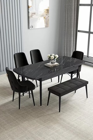 Loft Siyah Mermer 80x132 Açılabilir Mdf Masa Yemek Odası Takımı, Mutfak Takımı 4 Sandalye, 1 Bench Siyah