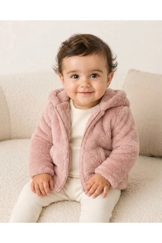 Bebitof Kız Bebek Pudra Pembe Peluş Kapüşonlu Fermuarlı Hırka