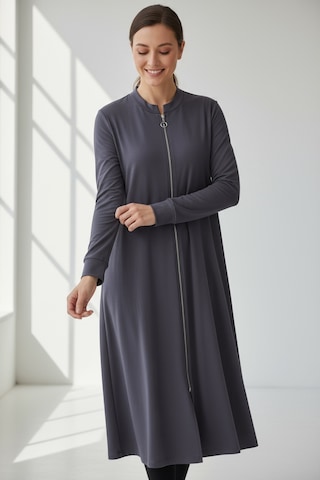 Kadın Önü Fermuarlı Kolu Manşetli Gizli Cepli Mevsimlik Kap Gri