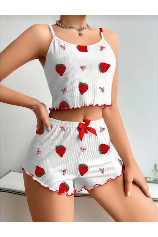 La Vıor Kadın Çilek Desenli Pijama Takımı Beyaz