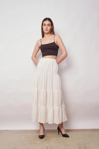 Kadın İç Göstermez Midi Boy Fırfırlı Beli Lastikli Etek -krem Krem