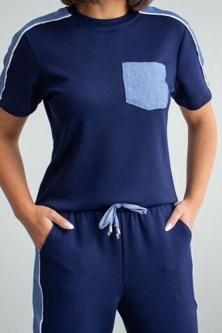 Ded Collectıon Kadın Kısa Kol Denim Görünümlü Şerit Detaylı Süs Cepli Modal Takım Lacivert