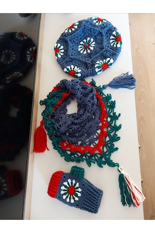 Ressam Bereli Fular Eldiven Takımı , El Yapımı Bere Şal Set Lacivert