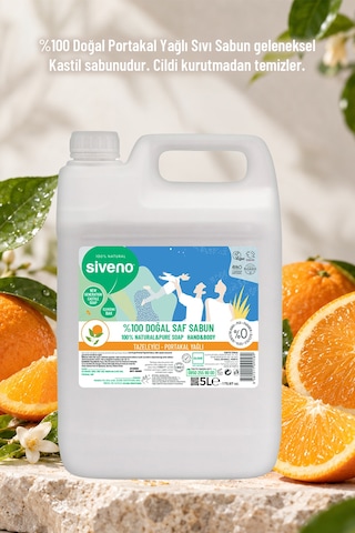 Siveno %100 Doğal Sıvı Kastil Sabun Portakal Yağlı Tazeleyici Nemlendirici Arındırıcı Bitkisel Vegan 5 L