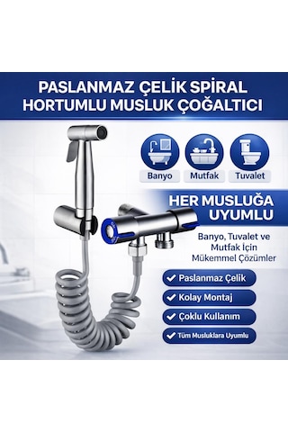 Coofbe Paslanmaz Çelik Sprial Hortum Taharet Musluğu Çoğaltıcı Sprey Tabanca Klozet & Banyo Temizleme Seti Gümüş