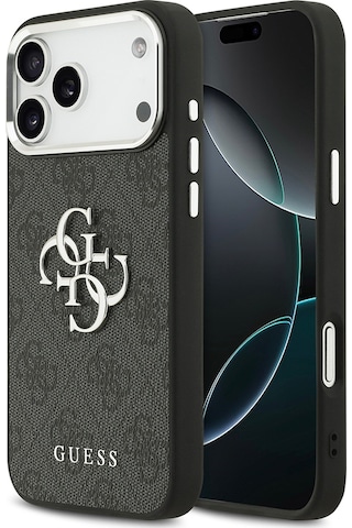 Apple Uyumlu iPhone 17 Pro Max Kılıf Guess Lisanslı Gümüş Kamera Çerçeveli 4g Desen Büyük 4g Ve Yazı Logolu Siyah Siyah