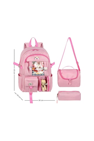 Waddell Kore Kawaii Tarzı Okul Sırt Çantası, Termal Beslenme Çantası Ve Kalemlik Pembe 26700