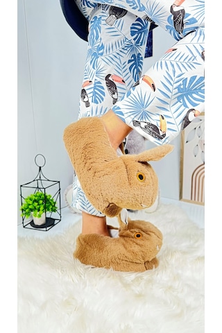 Kadın Panduf Tavşan Figürlü Peluş Ev Botu Desenli Düz Taban Rahat Hafif 359 Kahve