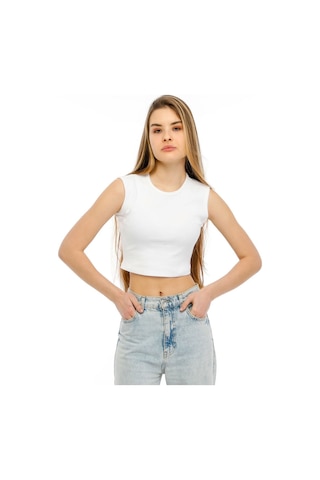Bella Dossi Rahat Beyaz Kaşkorse Kolsuz Sıfır Yaka Kadın Crop Top Beyaz