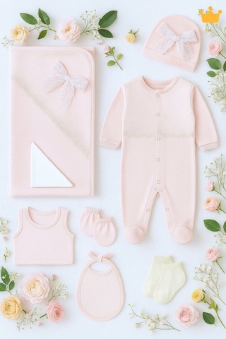 Babyhola 8 Parça Dantel Detaylı Kız Bebek Hastane Çıkışı Yenidoğan Set 5000 B Pembe
