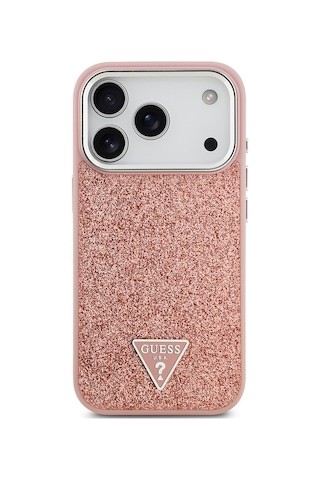 Apple Uyumlu iPhone 17 Pro Kılıf Guess Lisanslı M-safeli Metal Kamera Çerçeveli Üçgen Logolu Glitter Pembe Pembe