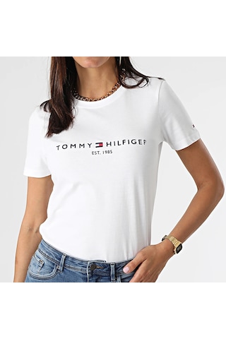 Tommy Hilfiger Tommyhilfiger Yazı Logo Nakışlı Pamuklu Kadın T-shirt Beyaz