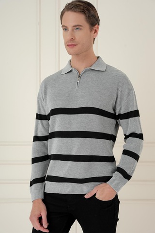 Efor Slim Fit Çizgili Fermuarlı Polo Yaka Gri Triko Kazak Tr 877 Gri