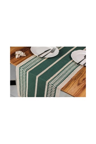Tropik Home Pamuk Dantel Püsküllü Yeşil Runner, Sunum Örtüsü Dantel Bej 35x145 Cm Runner Masa Örtüsü Genel