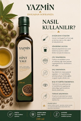 Hint Yağı 250 Ml %100 Doğal Ve Saf Hint Yağı, Soğuk Sıkım Castor Oil, Katkısız Bitkisel Yağ, Ricinus Yağı